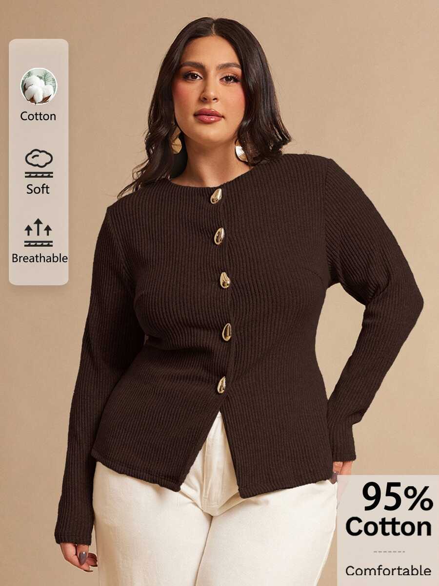 SHEIN BAE 大尺碼女款休閒優雅百搭 95%棉純色前開扣上衣,適合晚宴、正式場合、畢業典禮與辦公聚會(秋季棕) - 棕色 - 查看 1