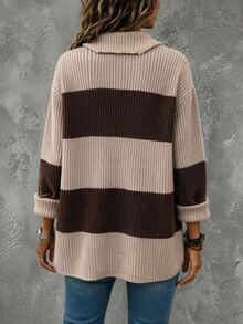 SHEIN 女款拼色休閒日常開襟衫 - 棕色 - 查看 2