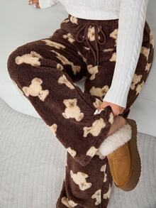 Solflare Plus Size Bear Print Warm Fuzzy Pants, Winter Brunch Bussines Dinner Lounge Office Beige Casual - Chocolate Brown - View 4