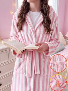少女款柔軟可愛優雅休閒日常舒適加厚保暖內裡毛絨秋冬粉色直條紋印花長袖連帽長款睡袍家居服 - 粉色 - 查看 8