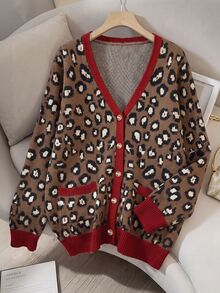 SHEIN LUNE Plus Leopard Pattern Contrast Trim Cardigan Winter - Multicolor - View 1