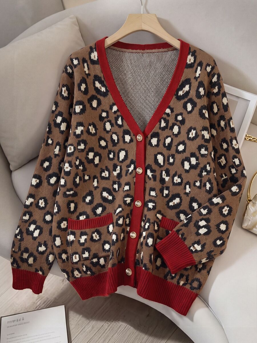 SHEIN LUNE Plus Leopard Pattern Contrast Trim Cardigan Winter - Multicolor - View 1