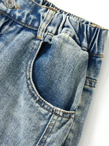 2026NewTween Boys All-Season American Vintage Personalized Frayed Hem High Street Embroidered Washed Soft Denim Loose Curved Leg Pants Versatile Daily - Medium Wash - View 8