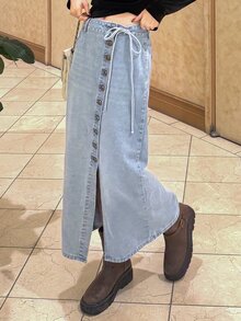 FRIFUL Women's Single-Breasted Casual Versatile Daily Denim Skirt - Blue - View 1