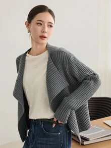 Dazy-Less Women's Vintage Ribbed Long Sleeve Knit Cardigan - Grey - View 6