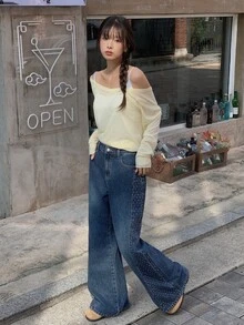 DAZY 女款鈕扣口袋鉚釘牛仔喇叭牛仔褲 - 藍色 - 查看 5