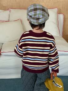 Dazy Kids Áo len tay dài cổ tròn kẻ sọc phong cách Hàn Quốc cho bé trai sơ sinh, mùa thu/đông - Đỏ - Xem 2