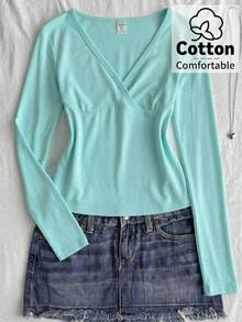 Tween Girl Tween Girl Autumn Winter Spring Teal Long Sleeve Ruched Chest Design T-Shirt, Casual Y2K Versatile Everyday Holiday - Cadet Blue - View 2