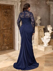 Elitara Plus Size Elegant Glamorous Luxury Sexy Lace Patchwork Satin Stand Collar Sheer Long Sleeve Ruched Slit Back Tie Mermaid Dress Suitable For Wedding Events Bachelor Party Vacation Ball Evening Gala - Navy Blue - View 4