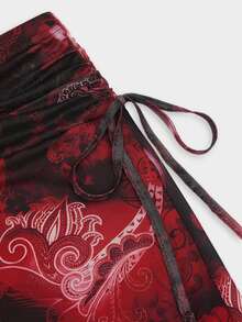 Sweetra European Women's Plus Size Waist Pleated Tie Print Asymmetrical Hem Mesh Skirt - Multicolor - View 8