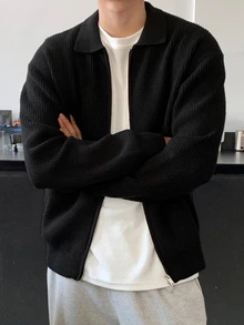 DAZY 男士黑色翻領雙拉鍊開襟針織外套，秋冬款 - 黑色 - 查看 7