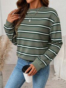 SHEIN LUNE بلوزة رياضية بأكمام طويلة مخططة بألوان متباينة مقاس كبير للعطلات والسفر - متعدد الألوان - مشاهدة 7