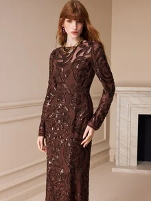 Arave Elegant 3D Floral Embroidered Round Neck Long Sleeve Cinched Waist Dress - Multicolor - View 7
