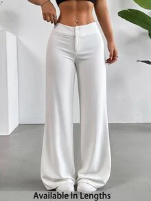 SHEIN Tall CURVE 大尺碼女款純色鈕扣設計寬腿鬆身長褲，休閒通勤褲，舒適秋季款 - 白色 - 查看 6