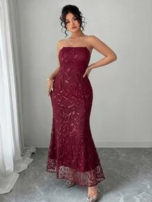 Elenzga Plus Size 2-delat set med lång åtsittande bandeau-klänning i tyg med lövmönster, paljetter och brodyr + kokongjacka i chiffong, elegant för utgång, dejt, fest och kvällsevenemang - Bourgogne - Visa 5