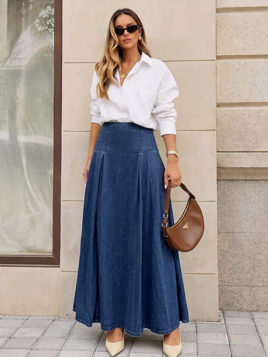 Selenza High Waist Fold Pleated Denim Skirt - Dark Wash - View 1