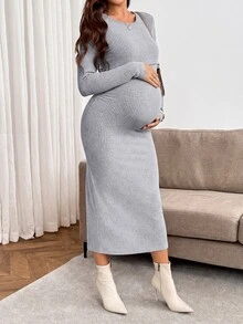 SHEIN 女款純色圓領哺乳功能休閒日常夏秋洋裝 - 綠色 - 查看 5