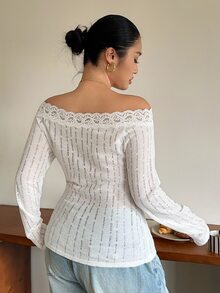 Dazy Plus Asymmetrical Shoulder Asymmetrical Neckline Long Sleeve White Thin Mesh Patchwork Puppy Print Loose Sweet Cool Style T-Shirt - White - View 2