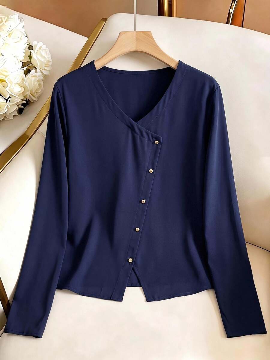 Rusticease Middle-Aged Women Solid Color Casual Daily Long Sleeve Top - Navy Blue - View 1