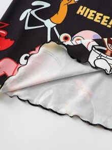 SpongeBob SquarePants | SHEIN Plus Size Women's SpongeBob Cartoon Character Black Spaghetti Strap Nightgown - Black - View 7