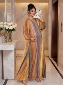 DAZY Gaun Maxi Kasual Lengan Panjang Berkerah V Longgar Motif Garis-garis untuk Liburan Musim Semi dan Gugur, Cocok untuk Ibu Hamil - Khaki - View 4