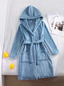 女童居家服 毛絨前綁帶連帽浴袍 秋冬款 抓絨內裡 長袖純色口袋款 柔軟舒適可愛睡衣 - 霧霾藍 - 查看 4