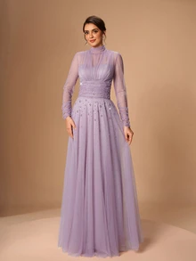 Serin Elegant Dusty Purple Tulle Sheer Rhinestone High Neck Cut Out Ruched Draped Long Sleeve A Line Autumn Wedding Guest Mother Of The Bride Evening Gown - Mauve Purple - View 5