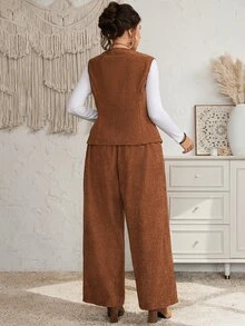EMERY ROSE Plus Size Brown Textured Button Front V Neck Long Sleeve Two Pieces Set Elegant Formal Fall Winter 2026 - Brown - View 4