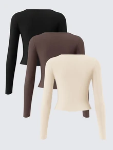 SHEIN BASICS 3件組純色針織長袖修身挖領短版女款T恤上衣，黑色、灰色、白色，秋季基礎款，適合白天、辦公室、日常休閒穿著 - 彩色 - 查看 2