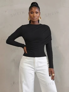 BamGlimmer Fall Winter Commute Going Out Style Black Women's Long Sleeve Tee, Round Neck With Ruched Detail, For Daily Outing, Party, Gathering  Commute Elegant - Black - View 3