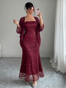 Elenzga Plus Size 2-delat set med lång åtsittande bandeau-klänning i tyg med lövmönster, paljetter och brodyr + kokongjacka i chiffong, elegant för utgång, dejt, fest och kvällsevenemang - Bourgogne - Visa 4