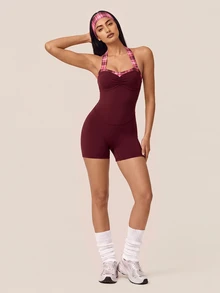 SHEIN BAE Women's Colorblock Casual Daily Halter Neck Sports Romper - Burgundy - View 3