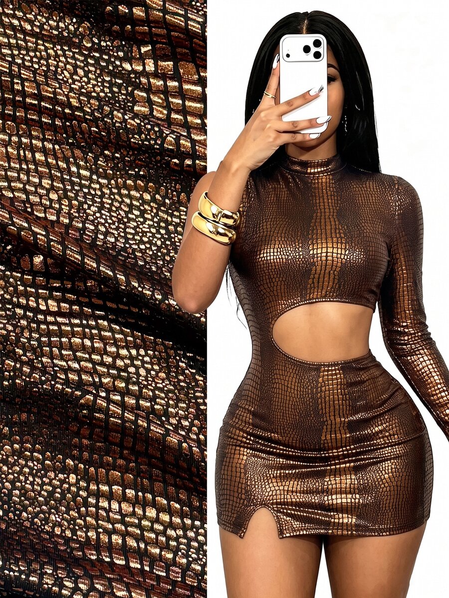 Mistrie Sexy Crocodile Print Cutout Waist Long Sleeve High Neck Club Mini Dress - Multicolor - View 1