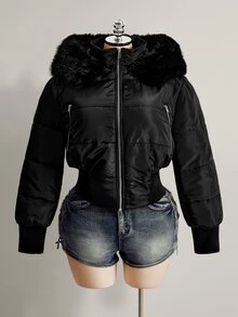SHEIN ICON Women's Plus Size Hooded Patchwork Fur Collar Black Padded Coat Winter - Black - View 3
