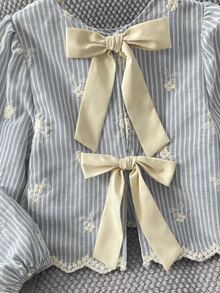 SHEIN Tween Girl Striped Floral Embroidered Pattern Casual Daily Long Sleeve Shirt - Blue and White - View 3