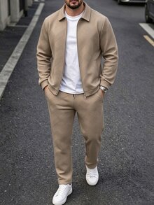 Manfinity Homme 男士純色拉鍊夾克與抽繩長褲套裝，黑色秋季休閒商務度假通勤穿搭，深色學院風運動休閒套裝 - 卡其色 - 查看 3