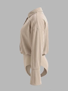 Cévolie Plus Size Shiny Premium Draping Women's Casual Daily Commute Versatile Lapel Long Sleeve Bodysuit - Khaki - View 3