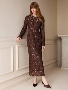 Arave Elegant 3D Floral Embroidered Round Neck Long Sleeve Cinched Waist Dress - Multicolor - View 1