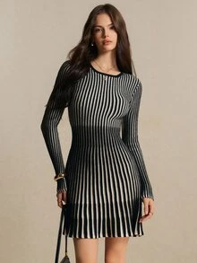Poéselle Women's Striped Crew Neck Long Sleeve Casual Knit Dress - Black and White - View 6