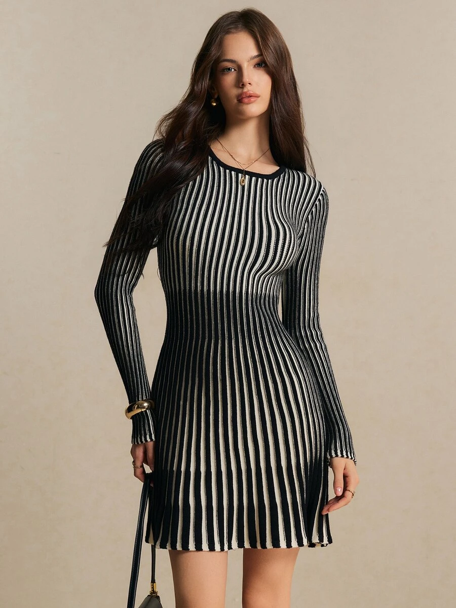 Poéselle Women's Striped Crew Neck Long Sleeve Casual Knit Dress - Black and White - View 1