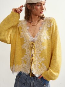 Bohemela 女款對比色蕾絲前綁帶落肩長袖針織開襟衫 - 黃色 - 查看 6