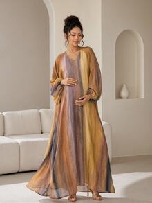 DAZY Gaun Maxi Kasual Lengan Panjang Berkerah V Longgar Motif Garis-garis untuk Liburan Musim Semi dan Gugur, Cocok untuk Ibu Hamil - Khaki - View 8