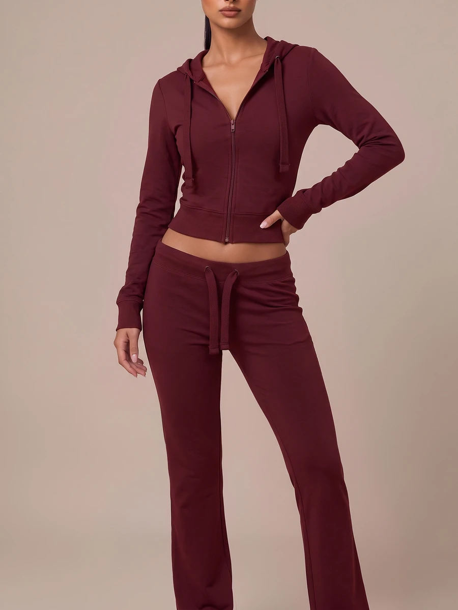 SHEIN BAE Women's Solid Color Zipper Front Drawstring Hooded Sports Jacket - Burgundy - View 1