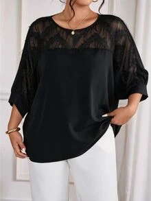 Cravure Plus Size Round Neck 3/4 Sleeve Short Sleeve Gold Foil Fabric Patchwork Contrast Color Woven Fabric Cuff Raglan Sleeve Casual Pullover Shirt For Outing, Vacation, Commute And Party - Black - View 6