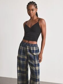 Ocili Ribbed Comfortable Lace Trim Minimalist Plaid Cotton Long Pants Drawstring Women's Loungewear Set - Multicolor - View 6