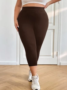 SHEIN CURVE+ 大尺碼女款黑色彈性修身運動七分褲 親膚材質（附手機口袋） - 棕色 - 查看 5