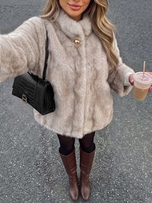 Vionelle Plus Size Elegant Button Faux Fur Long Sleeve Jacket Winter - Beige - View 5