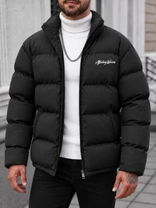 Manfinity Homme Casual Men's Black Stand Collar Quilted Winter Padded Coat, Loose Fit Letter Print Outerwear, Suitable For Urban Daily Wear And Weekend Outings - Black - View 3