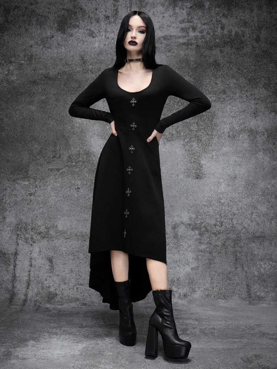 Cryptelle Đầm vải pha màu đen phong cách Gothic họa tiết thánh giá, gấu váy bất đối xứng, trang phục Halloween mùa Thu/Đông - màu đen - Xem 1