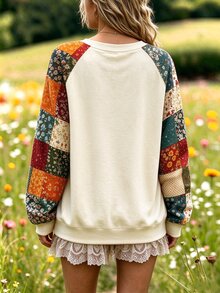 LanaWest CURVE Plus Size Women Vintage Floral Printing Crew Neck Raglan Sleeve Casual Sweatshirt Pullover Fall Winter Autumn - Multicolor - View 2